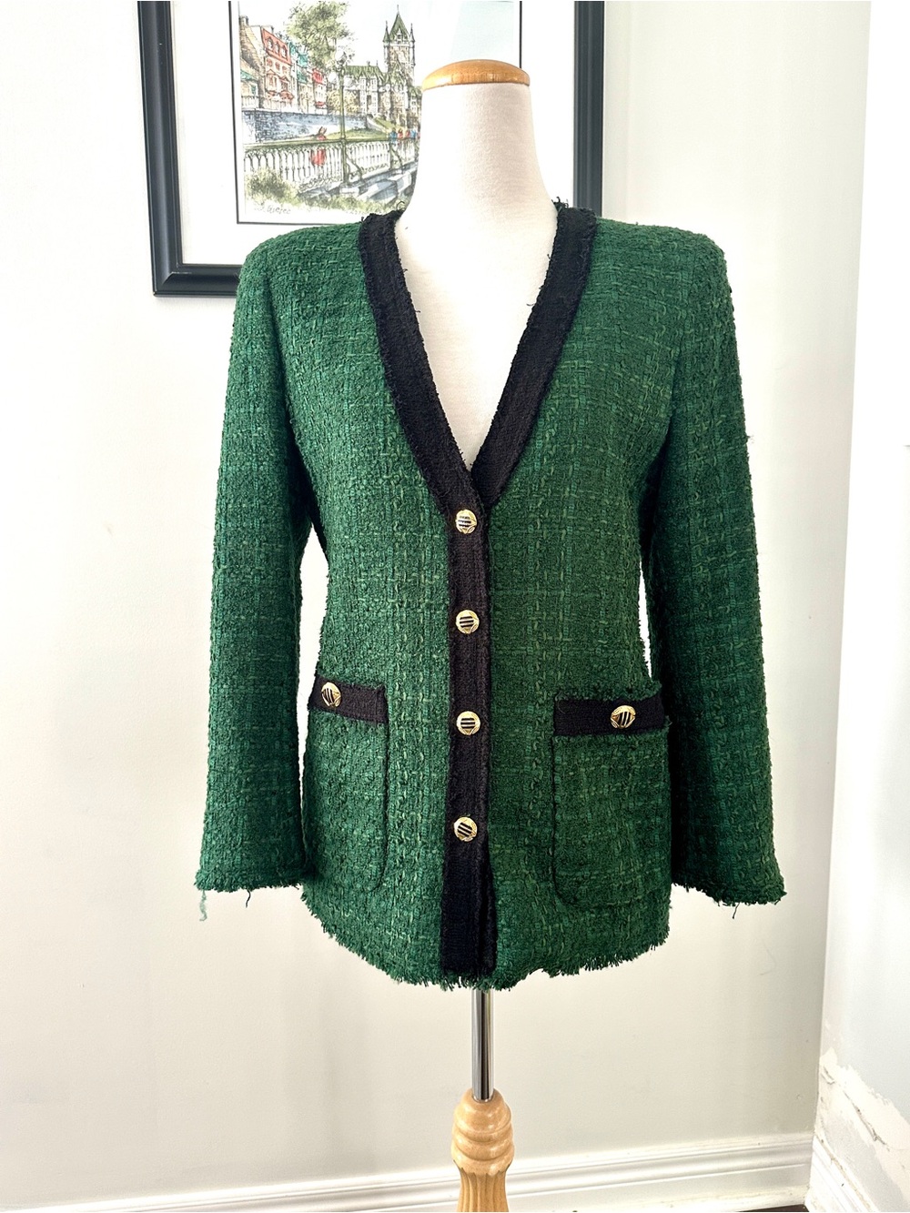 Zara Dark Green Bouclé Jacket with Black Trim - Size S